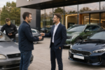 Majiteľ odovzdáva staršie auto pracovníkovi výkupu vozidiel po úspešnom ocenení.