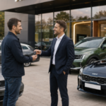 Majiteľ odovzdáva staršie auto pracovníkovi výkupu vozidiel po úspešnom ocenení.